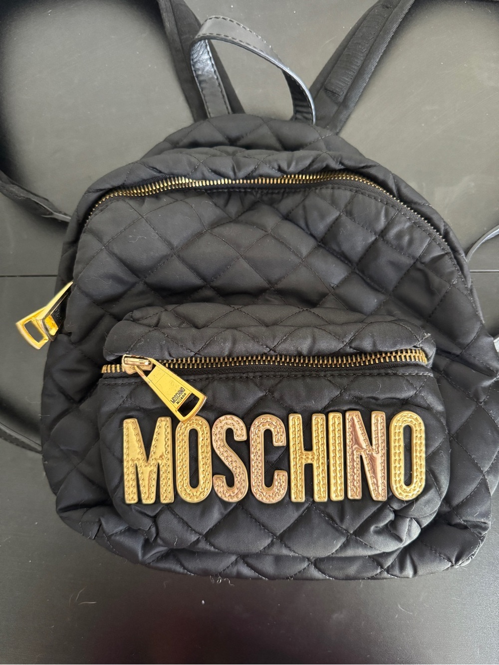 Moschino Quilted Nylon Gold Logo Black Backpack